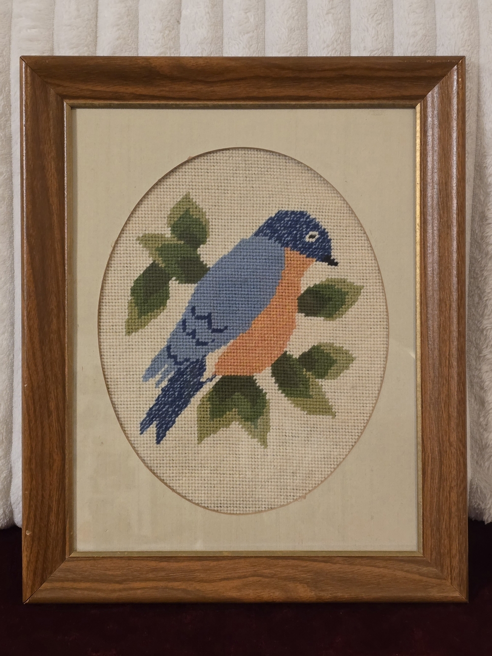 Vintage Framed Bluebird Cross Stitch Needlepoint Wall Art 13.5x16.5 Cottagecore